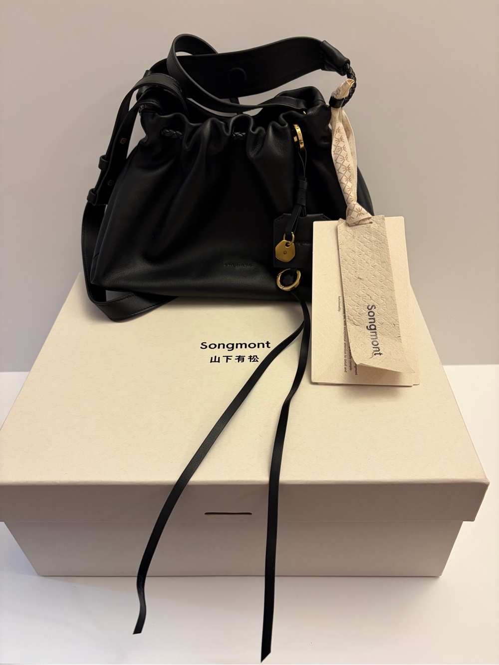 NWT Songmont Black Nappa Leather Drawstring Clutch Bag
